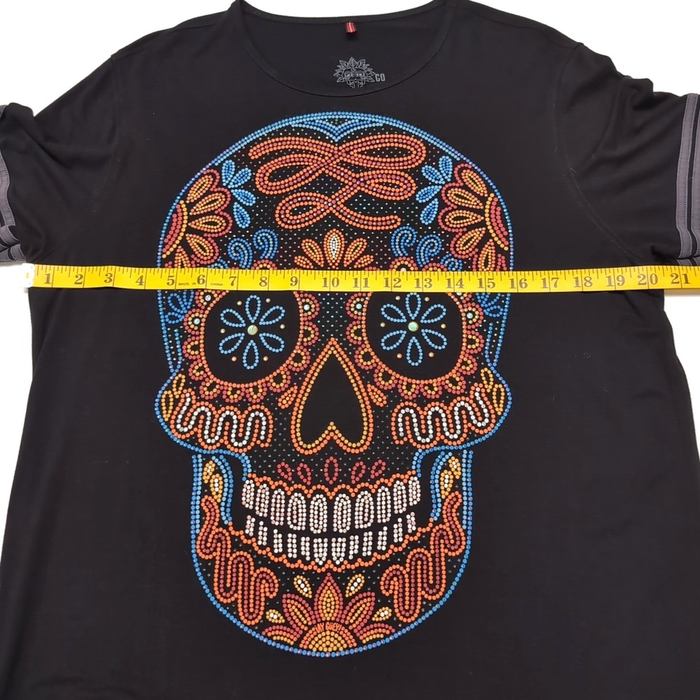 Sugar Skull Embellished T-Shirt Womens L Black/Multicolor Long Day of the Dead - Picture 10 of 13